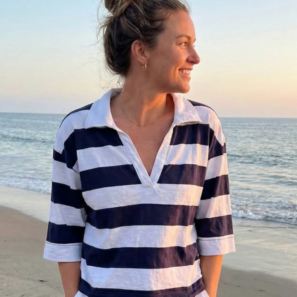 Free People free-est Blue White Striped Open Back Tie Tunic Top Size S